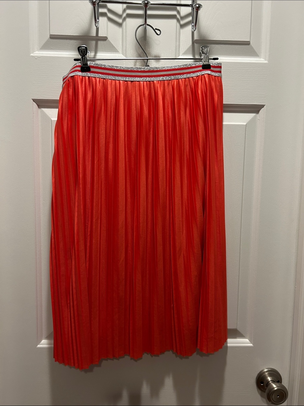 Desigual Bright Coral Pleated Midi Skirt with Metallic Trim Waistband